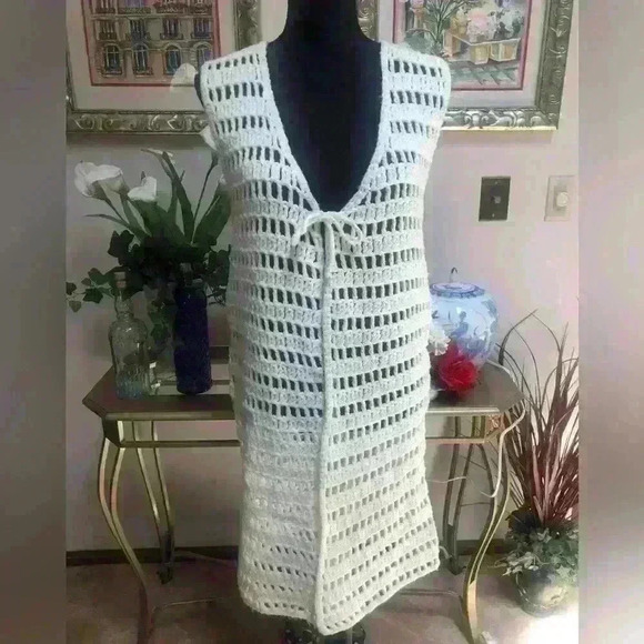 BOHO LONG WHITE OPEN CROCHETED VEST COUNTRY CONCERTS COASTAL COWGIRL SIZE S M L - Picture 2 of 10